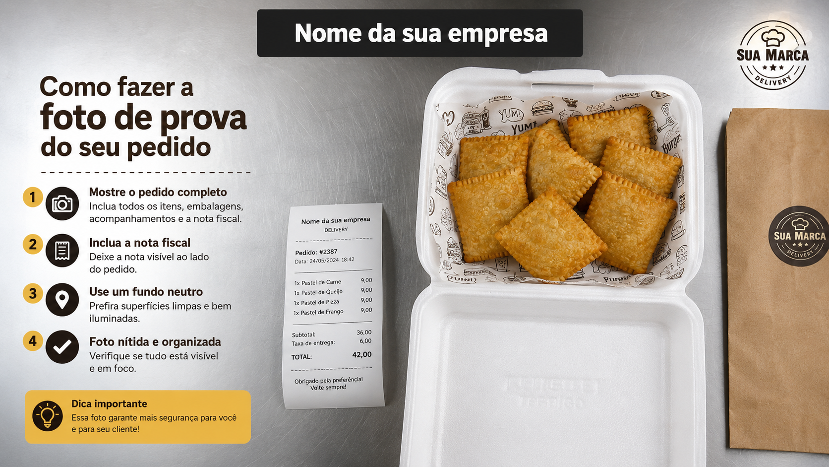 Exemplo real de foto de prova gerada pelo OrderCam com nome e logo do restaurante