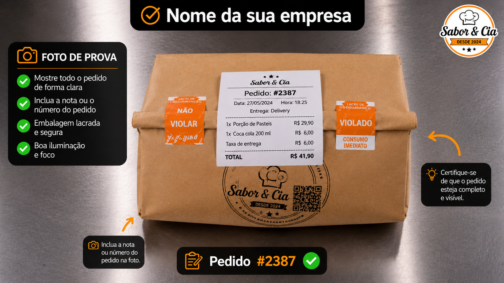 Foto da embalagem lacrada com selos de segurança antes da entrega